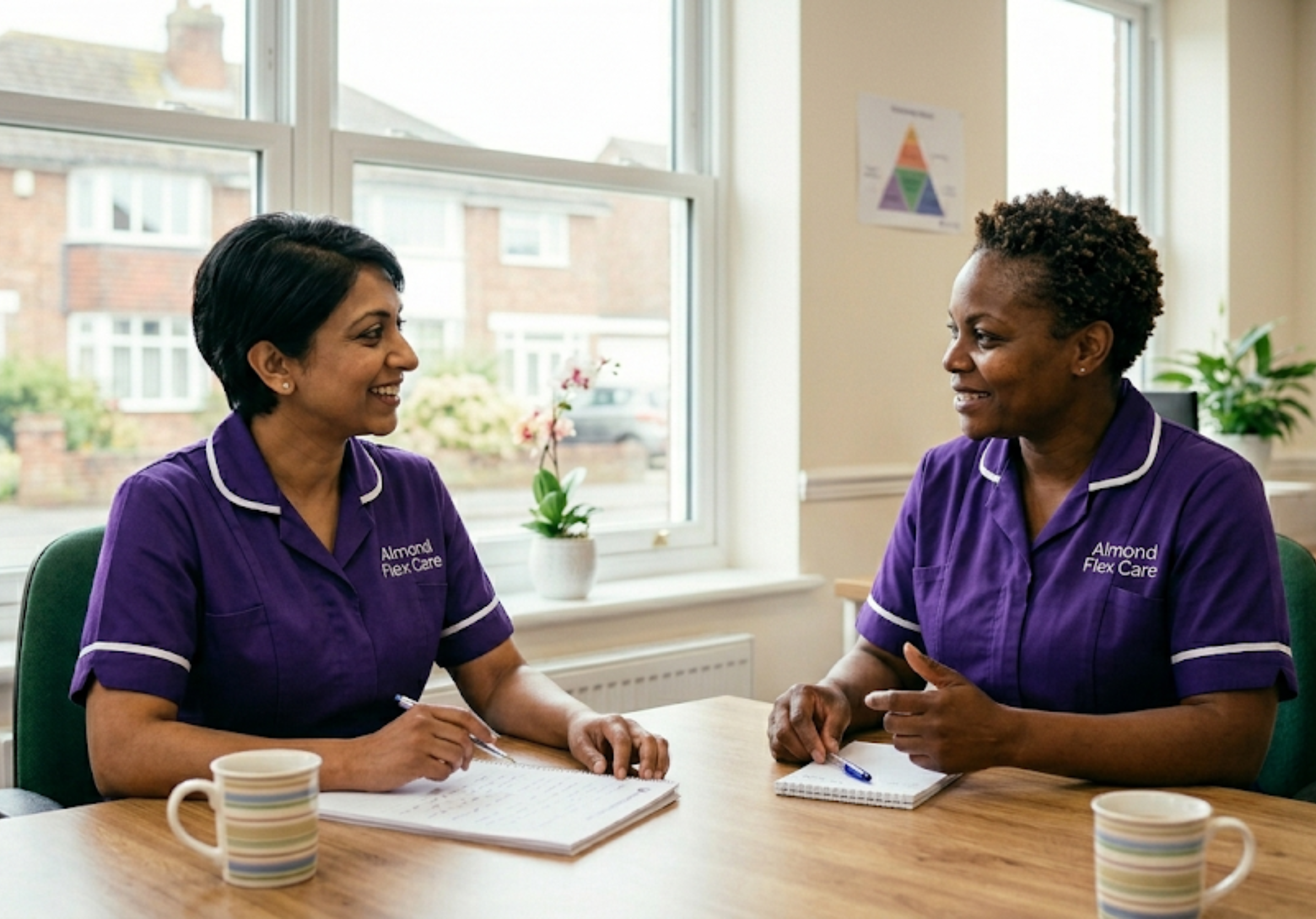 A South Asian Almond Flex Care carer in a supervision meeting with a Black African female care manager in the Durham office — representing the supportive, development-focused culture at Almond Flex Care